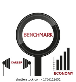 Benchmark post in magnifying glass on white background. Career and economy icon sets.
