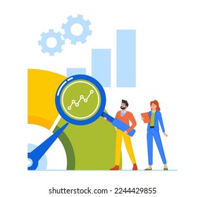 Benchmark Rate Scale Growth Concept. Tiny Business Characters with Magnifier Look on Huge Scale. Business Comparison And Improvement Model, Success Testing. Cartoon People Vector Illustration