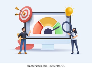 Prueba de referencia de la ilustración de vector 3D del concepto abstracto. Software de evaluación comparativa, indicador de rendimiento del producto, pruebas de carga, características de rendimiento, productos competitivos prueba metáfora abstracta