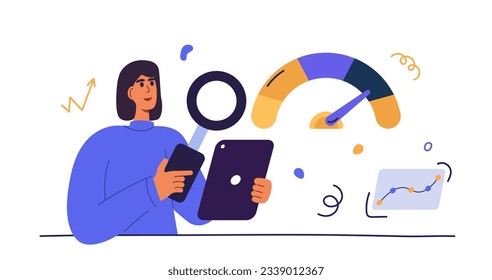 Benchmark testing concept. Quality testing. Woman with magnifying glass. Analysis financial statistics, data, graph, chart, report of a leader competitor's company. Flat cartoon vector illustration