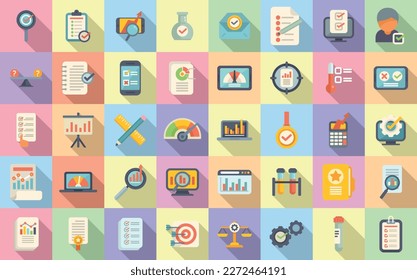 Benchmark testing icons set flat vector. Aspekt development. Expertise rating