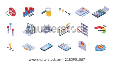 Benchmark testing icons set isometric vector. Aspekt expertise. Verification raiting