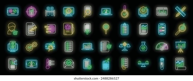 Benchmark testing icons set outline vector. Aspekt development. Expertise rating neon color on black