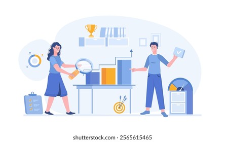 Benchmarking. Analysis of a leader competitor's company. Business development and improvement. Vector illustration with characters in flat design for web banner.	
