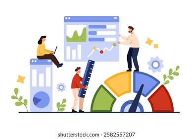 Benchmarking analysis, marketing information of quality and cost evaluation. Tiny people with ruler, speedometer and dashboard report evaluate economic indicator of company cartoon vector illustration