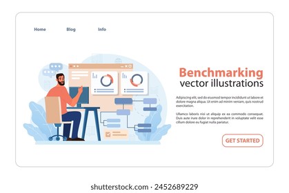 Vector de análisis comparativo. Un experto analiza las métricas de rendimiento, participando en un análisis comparativo integral en una plataforma digital.