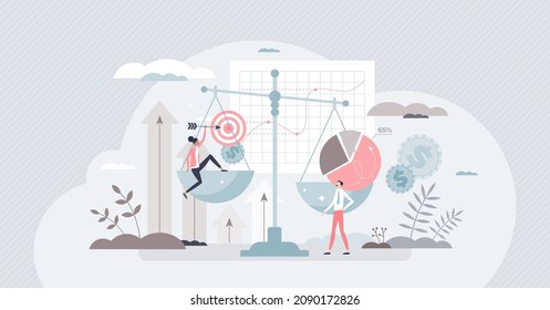 Benchmarking approach or compare business cost, time or quality to best market leader tiny person concept. Performance management and method for development and effective growth vector illustration.