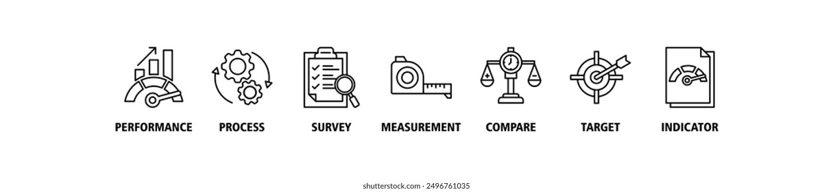 Concepto de Ilustración vectorial de conjunto de iconos de Web de Anuncio de evaluación comparativa para la idea de desarrollo y mejoramiento de negocios con un ícono de rendimiento, proceso, Encuesta, medida, comparación, objetivo, indicador