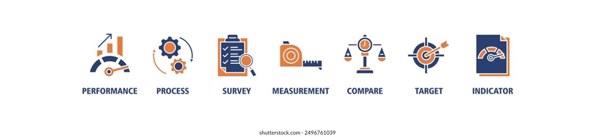 Benchmarking banner web icon set vector illustration concept for the idea of business development and improvement with an icon of performance, process, survey, measurement, compare, target, indicator