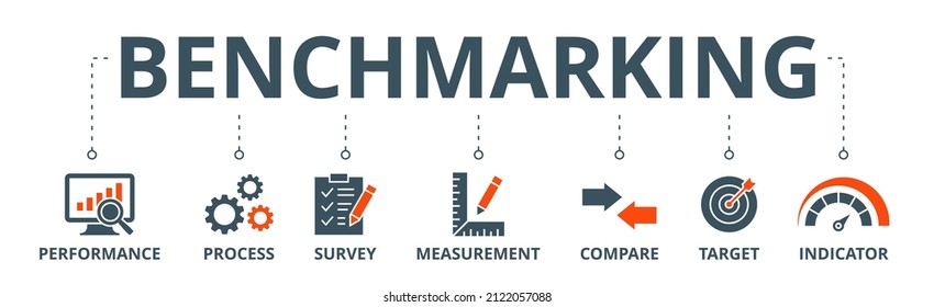 Benchmark banner web icon concepto de ilustración vectorial para la idea de desarrollo y mejora de negocios con un icono de rendimiento, proceso, encuesta, medición, comparación, destino e indicador