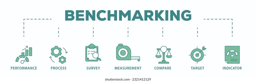 Benchmark banner web icon concepto de ilustración vectorial para la idea de desarrollo y mejora de negocios con un icono de rendimiento, proceso, encuesta, medición, comparación, destino e indicador