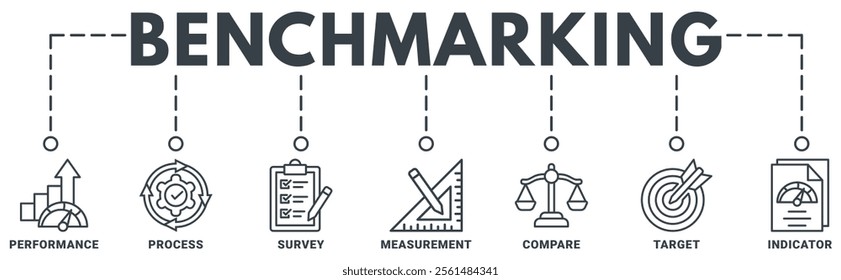 Benchmarking banner web icon vector illustration concept for the idea of business development and improvement with an icon of performance, process, survey, measurement, compare, target, indicator