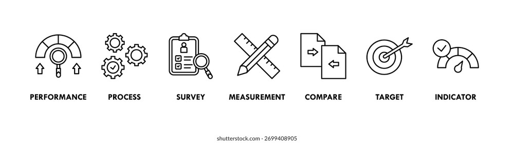 Benchmarking banner web icon vetorial illustration concept for the idea of business development and improve with an icon of performance, process, survey, measurement, compare, target, and indicator (Conclusão do teste de desempenho, processo, pesquisa, medição, comparação, meta e indicador)