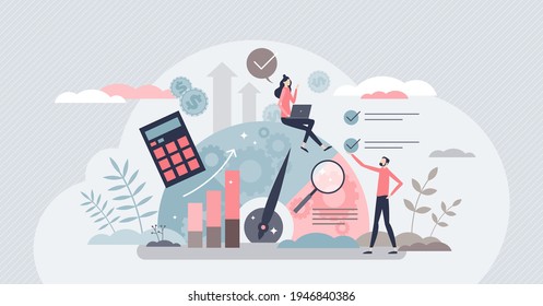 Benchmarking as business compare tool for improvement tiny person concept. Performance, quality and cost comparison to competitor companies vector illustration. Development strategy, plan and method.