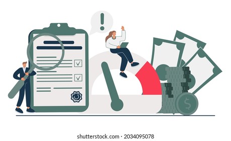 Benchmarking as business compare tool for improvement tiny person concept. Performance, quality and cost comparison to competitor companies vector illustration. Development strategy, plan and method.