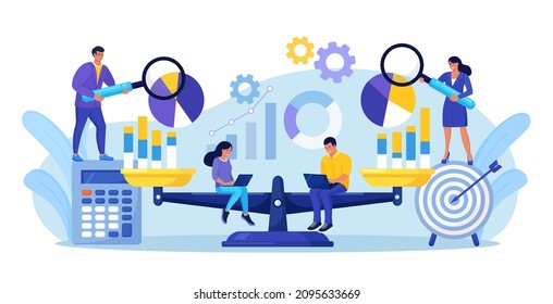 Benchmarking as business compare tool for improvement, progress. People with laptop sits on scale and balances with charts, graphs. Comparison of quality and cost, performance to competitor companies