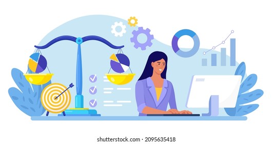 Benchmarking als Vergleichsinstrument für die Verbesserung und den Fortschritt von Unternehmen. Frauen analysieren Daten, Statistiken. Skalen mit Diagrammen, Grafiken. Vergleich von Qualität und Kosten, Leistung mit Konkurrenzunternehmen