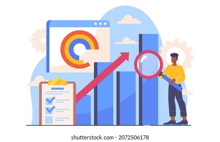 Benchmarking business concept. Man with magnifying glass in his hands analyzes graph of productivity growth and quality improvement. Increase in company profit. Cartoon flat vector illustration