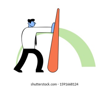 Benchmarking, business concept vector illustration. Strong Businessman pushing needle indicator.