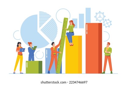 Benchmarking, Business Development And Improvement Concept. Male and Female Characters at Column Chart or Diagram Compare Quality With Competitor Companies. Cartoon People Vector Illustration