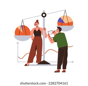 Benchmarking, business performance analysis and comparison, measurement concept. Experts comparing information, data evaluation with diagrams. Flat vector illustration isolated on white background