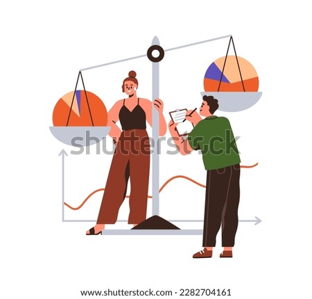 Benchmarking, business performance analysis and comparison, measurement concept. Experts comparing information, data evaluation with diagrams. Flat vector illustration isolated on white background