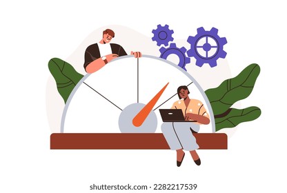 Benchmarking, business performance metrics analysis, comparison concept. Entrepreneurs analyzing data, indicators, efficiency measurement. Flat vector illustration isolated on white background