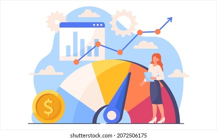 Benchmarking business. Woman stands at large indicator, improves company productivity and increases profits in comparison with competitors. Best service and quality. Cartoon flat vector illustration