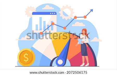 Benchmarking business. Woman stands at large indicator, improves company productivity and increases profits in comparison with competitors. Best service and quality. Cartoon flat vector illustration Imagine de stoc © 