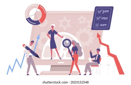 Benchmarking Company Business Improvement Comparison. Business Competitor Companies, Company Development Analysis Vector Illustration. Benchmark Business Testing, Analyzing With Magnifier