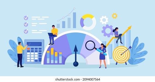 Benchmarking. Compare quality with competitor companies. Performance, quality, cost comparison. Development strategy. People standing near indicator improves company productivity and increases profits