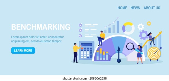 Benchmarking. Compare Quality With Competitor Companies. Performance, Quality, Cost Comparison. Development Strategy. People Standing Near Indicator Improves Company Productivity And Increases Profits