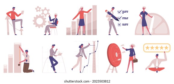 Evaluación comparativa de la estrategia de desarrollo de empresas comerciales. Comparación de desarrollo de negocio, prueba de mejoras conjunto de ilustraciones vectoriales. Análisis y pruebas de referencia. Empleados que miden el progreso