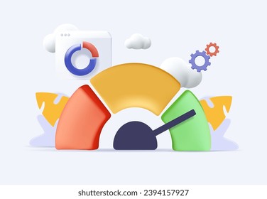 Concepto de evaluación comparativa 3D. Comparar procesos de negocio, indicadores, métricas de rendimiento con mejores. Medición, pruebas con gráficos de análisis. Ilustración vectorial gráfica 3D aislada en fondo blanco