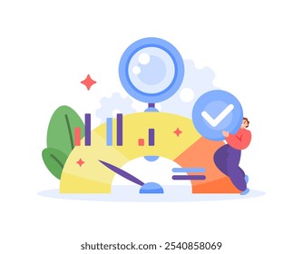 benchmarking concept. analyzing business performance and development. measuring business growth rate. illustration of a businessman with indicator level. flat style design. element