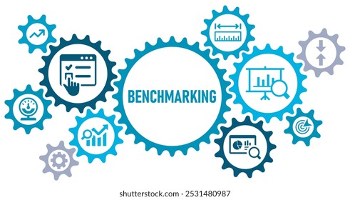 Concepto de referencia Anuncio Web Sitio web iconos Ilustración vectorial con iconos de rendimiento, proceso, Encuesta, medida, comparar, objetivo, indicador, sobre fondo blanco editable