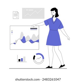 Benchmarking concept. Benchmark business development. Analysis financial statistics, data, graph, chart, report of a leader competitor's company. Vector illustration with line people for web design.