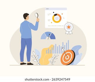 Benchmarking concept. Benchmark business development. Analysis financial statistics, data, graph, chart, report of a leader competitor's company. Flat vector illustration.	
