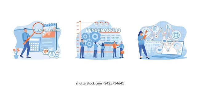 Concepto de evaluación comparativa. Eficiencia empresarial en el desarrollo de personas de negocios. Uso de la tableta digital y la computadora portátil para analizar el benchmarking. Establecer ilustración vectorial plana.