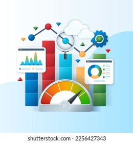 Benchmarking concept. Compare quality with other companies for improvement. Business banner. Web vector illustrations in 3D style