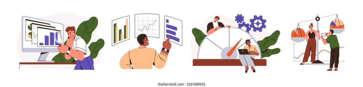 Benchmarking concept. Comparing business process, indicator, performance metrics to bests. Measuring, testing with analysis charts. Flat graphic vector illustrations set isolated on white background - Shutterstock ID 2167689631