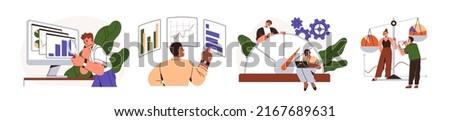 Benchmarking concept. Comparing business process, indicator, performance metrics to bests. Measuring, testing with analysis charts. Flat graphic vector illustrations set isolated on white background Imagine de stoc © 