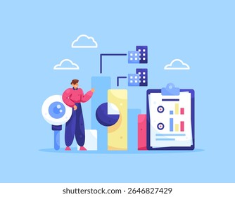 conceito de benchmarking. comparação e medição do desempenho, das práticas ou dos processos de uma empresa. ilustração de um empresário visualizando e analisando dados de negócios. design de estilo plano. azul