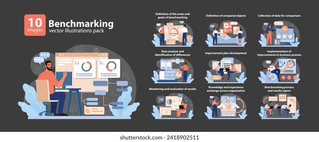 Benchmarking Concept. Comprehensive stages of benchmarking depicted in vibrant vector illustrations, from data analysis to results reporting.