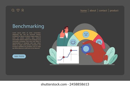 Benchmarking concept. An expert optimizes performance metrics using customer satisfaction and growth charts. Flat vector illustration.