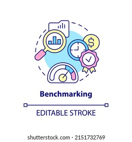 Benchmarking Concept Icon. Business Intelligence Example Abstract Idea Thin Line Illustration. Competitive Analysis. Isolated Outline Drawing. Editable Stroke. Arial, Myriad Pro-Bold Fonts Used