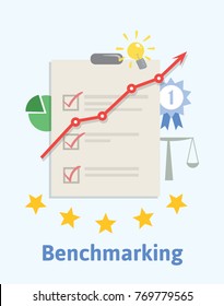 Ilustración del concepto de evaluación comparativa. Comparar los procesos del negocio y las métricas de performance de una persona con las mejores prácticas de otras empresas. Una hoja de papel con casillas de verificación, gráfico ascendente. Vector.