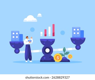 benchmarking concept. measuring and comparing the performance of a company or a business. illustration of a businessman weighing and analyzing the performance between two businesses. flat style design