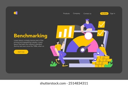 Benchmarking concept. Professionals analyze graphs on a computer screen, strategizing business performance. Achieving targets and productivity growth. Vector illustration.
