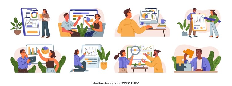 Benchmarking concept set. Comparing business process, performance metrics. Analytics information and development statistics. Testing with analysis charts. Statistical indicators and data on diagram